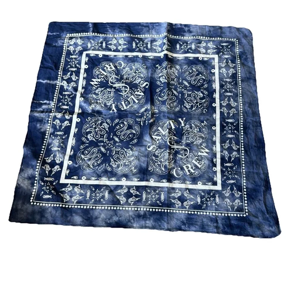 Salty Crew Fish Print Tippet Men’s Bandana Scarf Navy White Tie Die 22”x22” NWT